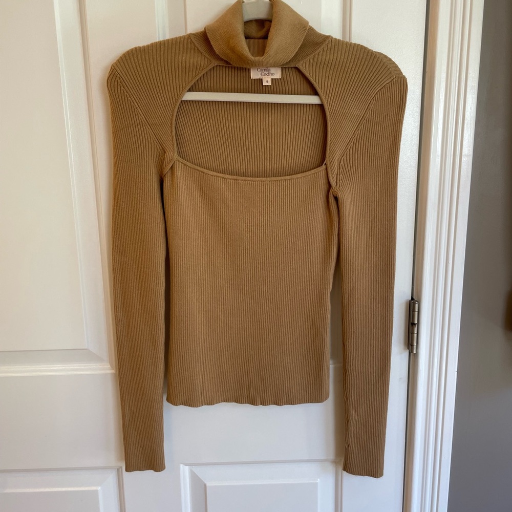 Camila Coelho Roscoe Cut-out Camel Ribbed Turtleneck Sweater